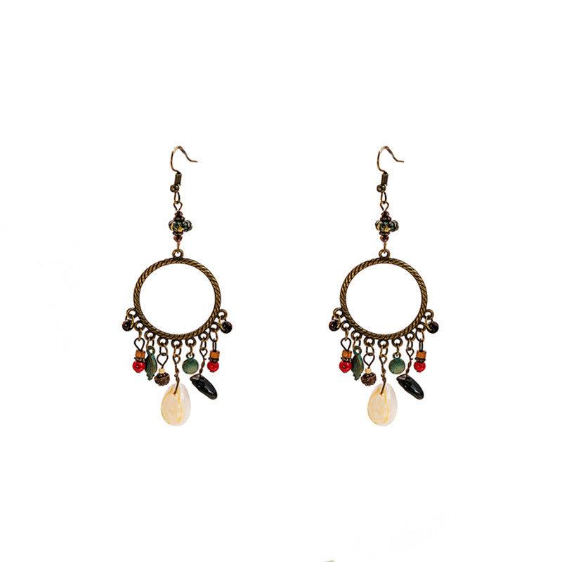 Boho Beaded Hoop Chandelier Earrings - Brown - 1