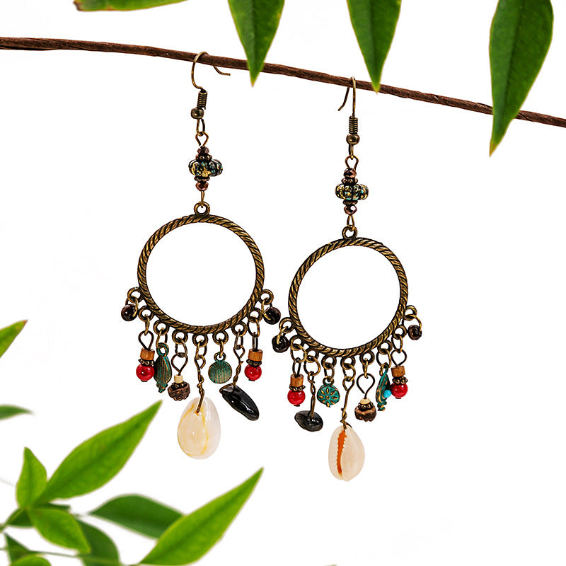 Boho Beaded Hoop Chandelier Earrings - Brown - 3