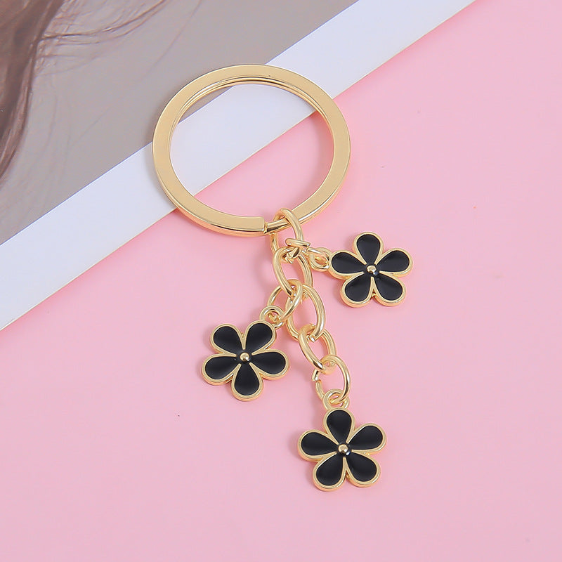 Three Flower Charm Ring Keychain - Black