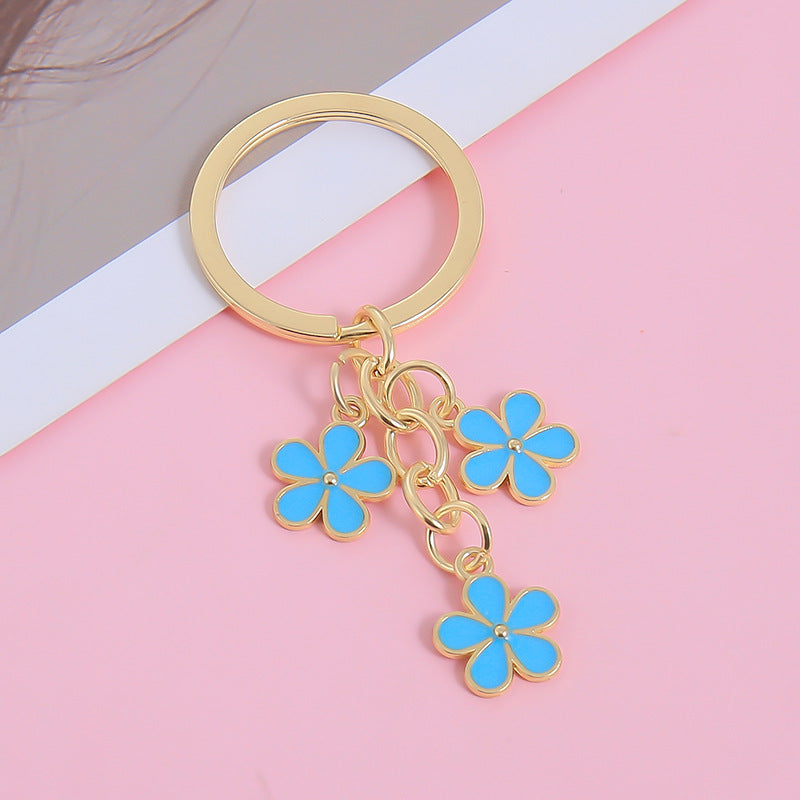 Three Flower Charm Ring Keychain - Blue