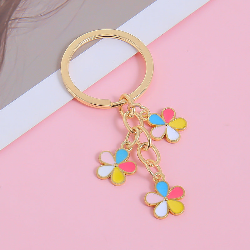Three Flower Charm Ring Keychain - Colorful