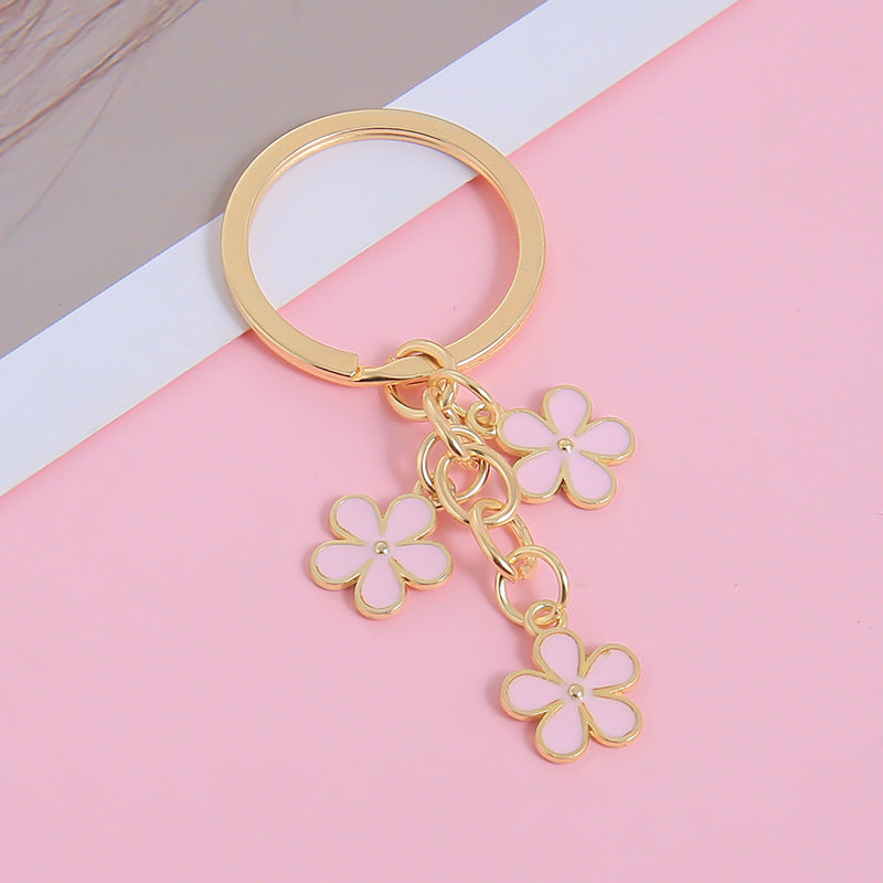 Three Flower Charm Ring Keychain - Pink