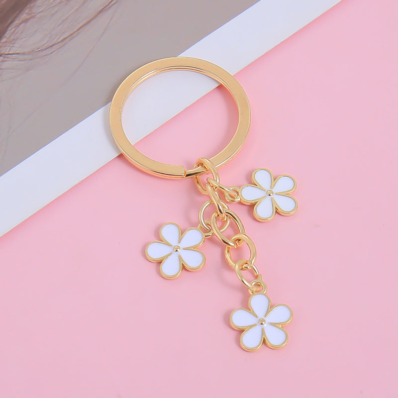 Three Flower Charm Ring Keychain - White