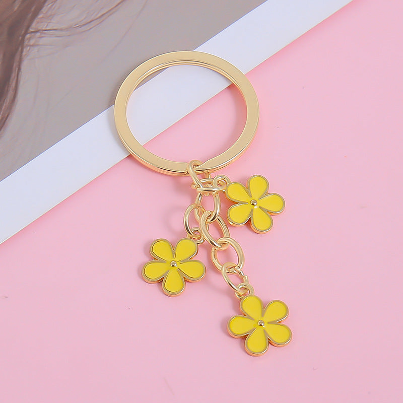 Three Flower Charm Ring Keychain - Yellow