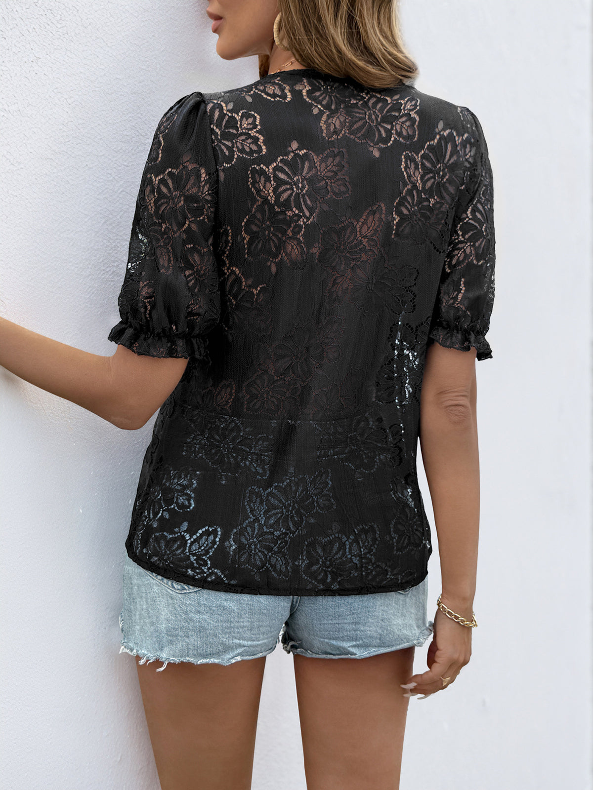 Floral Lace Puff Sleeve Button Top - Black - 2
