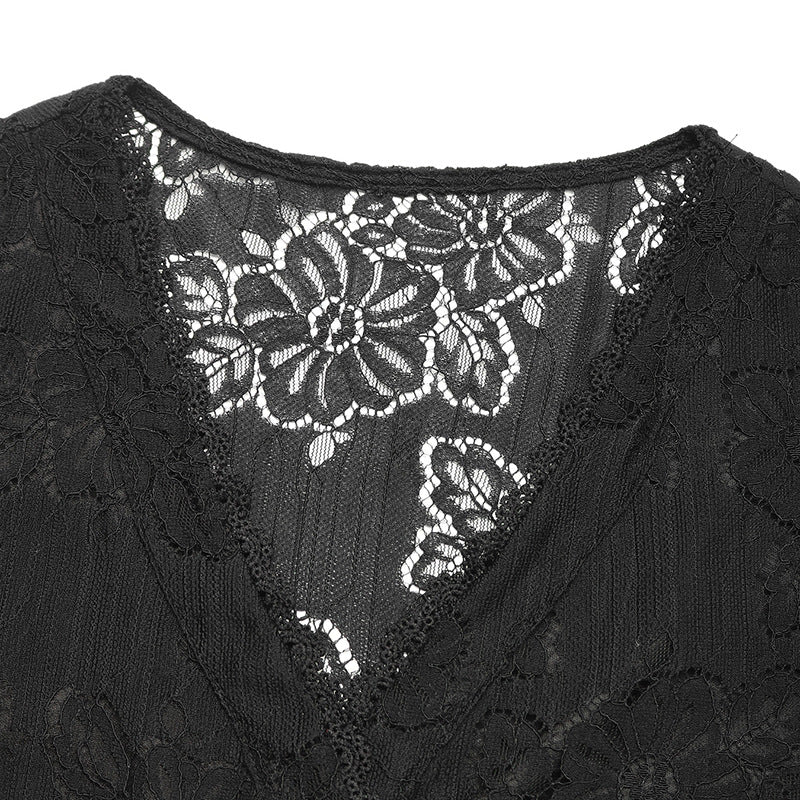 Floral Lace Puff Sleeve Button Top - Black - 3