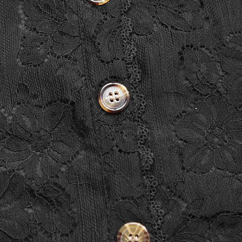 Floral Lace Puff Sleeve Button Top - Black - 4
