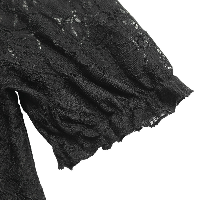 Floral Lace Puff Sleeve Button Top - Black - 5