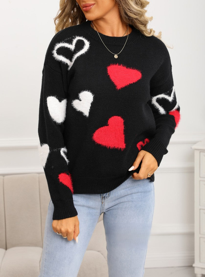 Heart Jacquard Round Neck Knit Sweater - Black