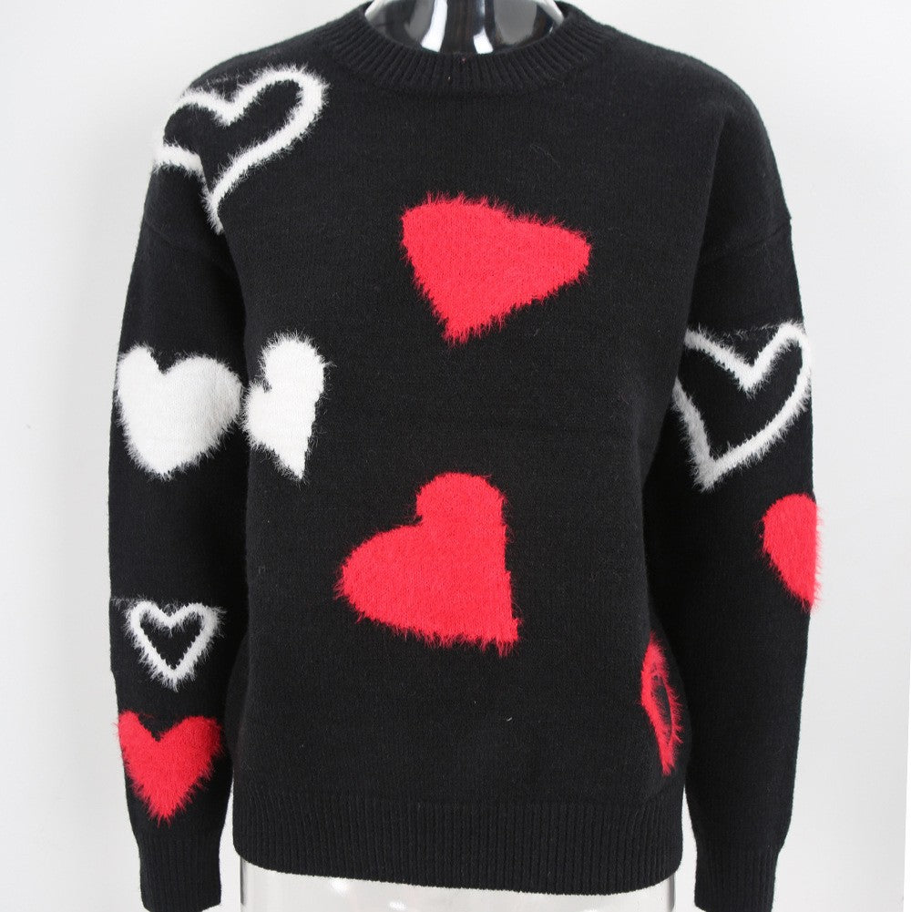 Heart Jacquard Round Neck Knit Sweater - Black - 1