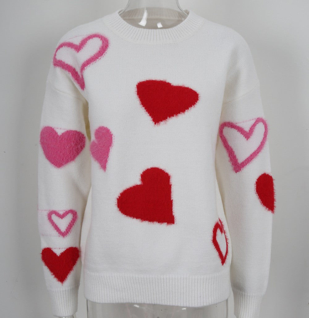 Heart Jacquard Round Neck Knit Sweater - White
