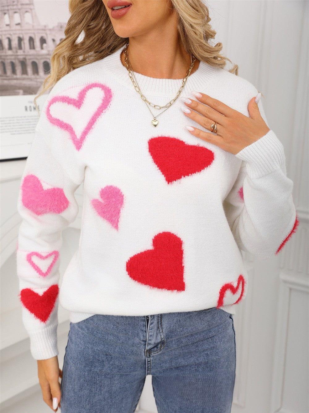 Heart Jacquard Round Neck Knit Sweater - White - 1
