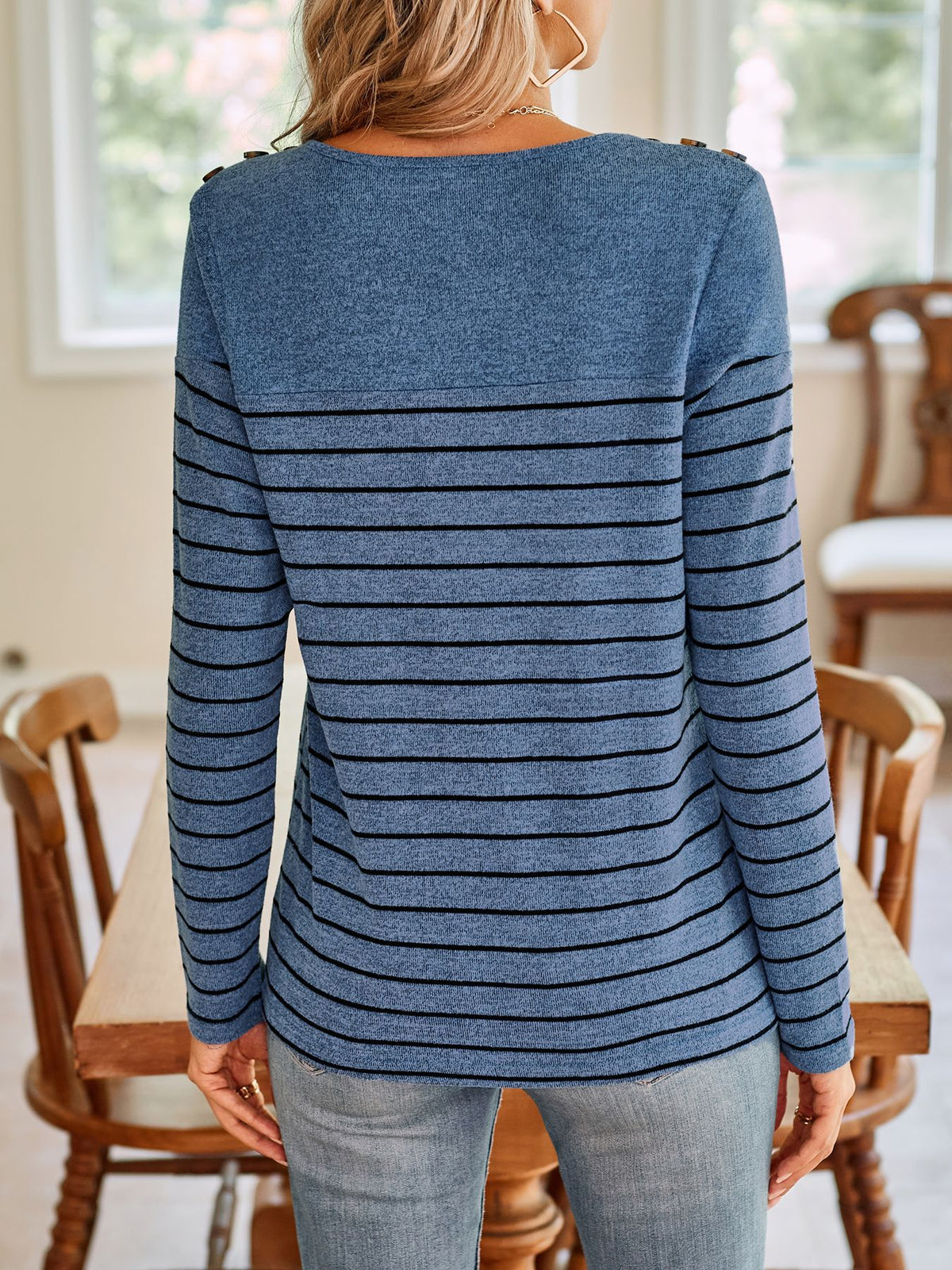 Striped Long Sleeve Top With Shoulder Buttons - Blue - 2