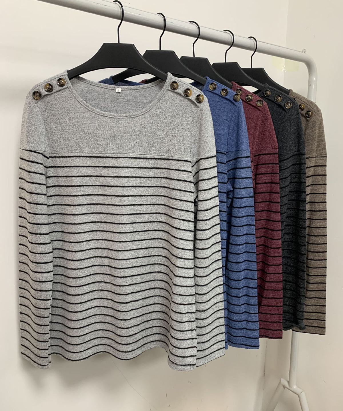 Striped Long Sleeve Top With Shoulder Buttons - Blue - 3