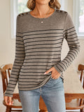 Striped Long Sleeve Top With Shoulder Buttons - Khaki