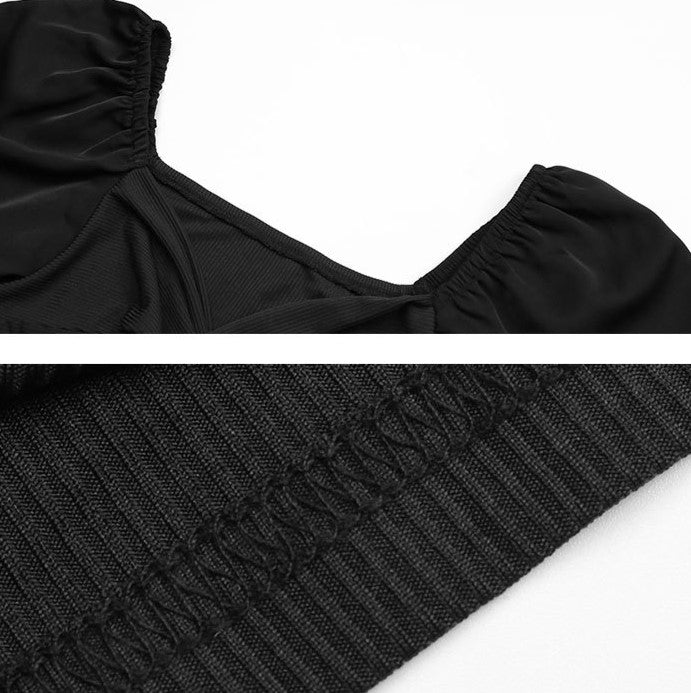 Twist Front Puff Sleeve Bodycon Dress - Black - 4