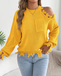 Distressed Cold Shoulder Frayed Hem Knit Sweater - Yellow