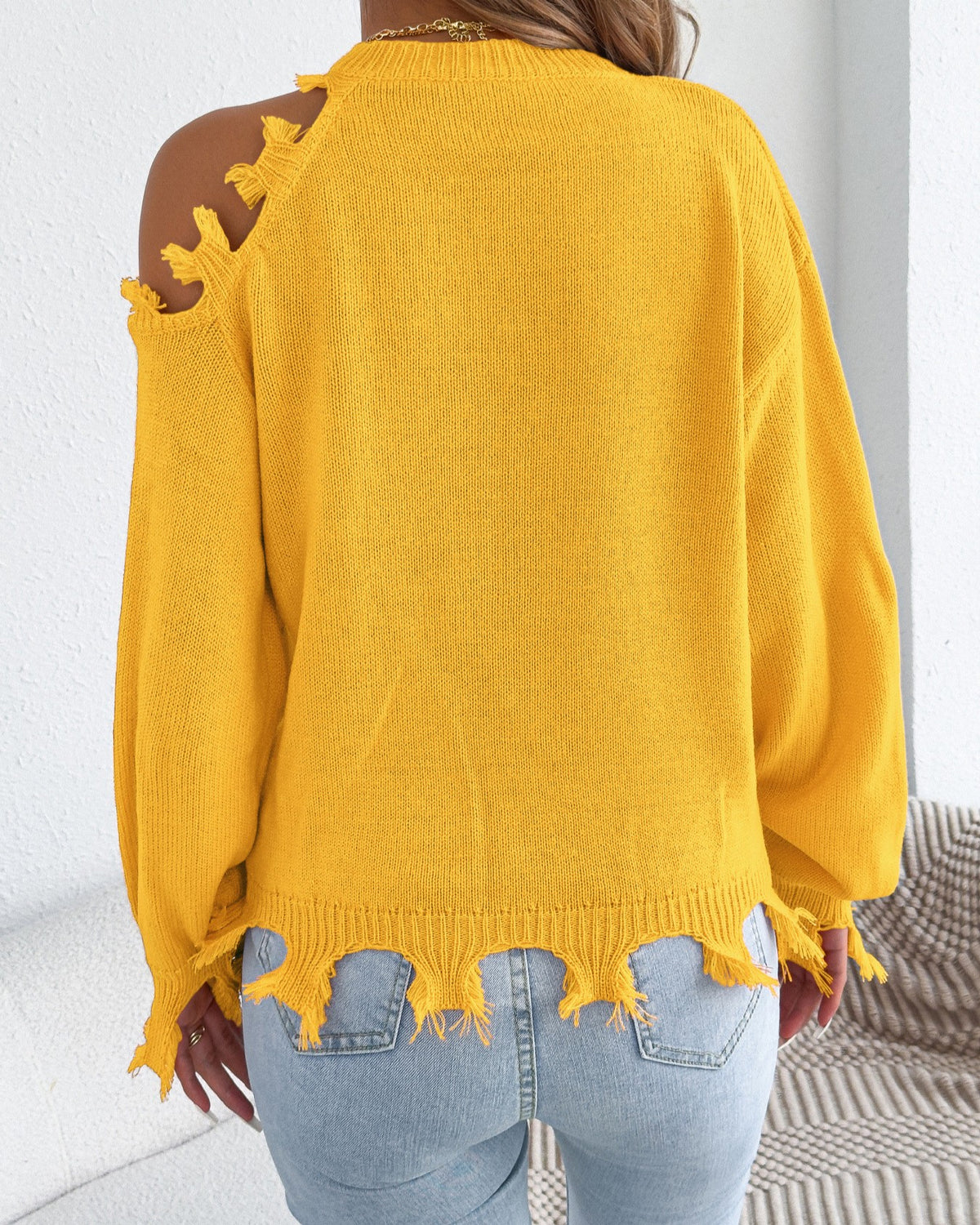 Distressed Cold Shoulder Frayed Hem Knit Sweater - Yellow - 1