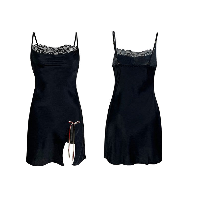 Satin Lace Trim Cowl Neck Bow Slit Slip Dress