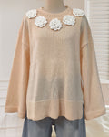 Crochet Flower Trim Neckline Knit Sweater - Apricot