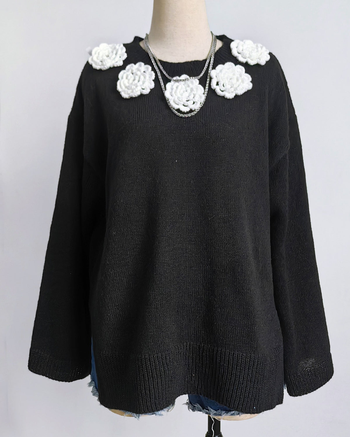 Crochet Flower Trim Neckline Knit Sweater - Black - 1