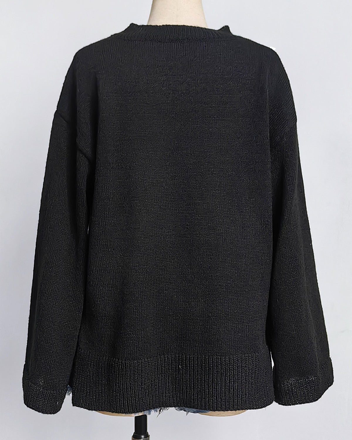Crochet Flower Trim Neckline Knit Sweater - Black - 2