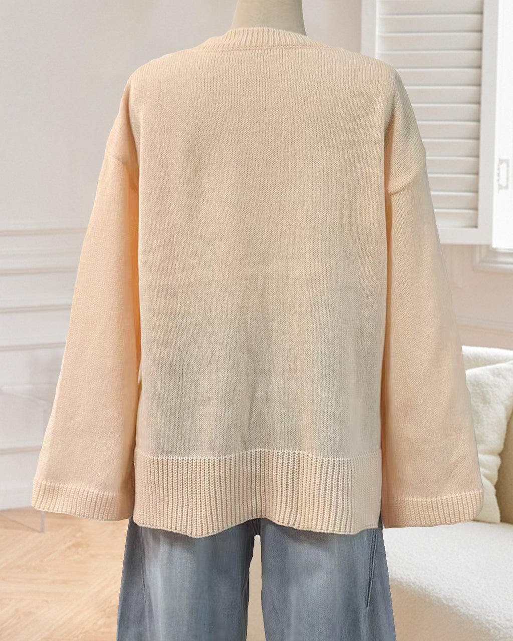 Crochet Flower Trim Neckline Knit Sweater - Black - 3