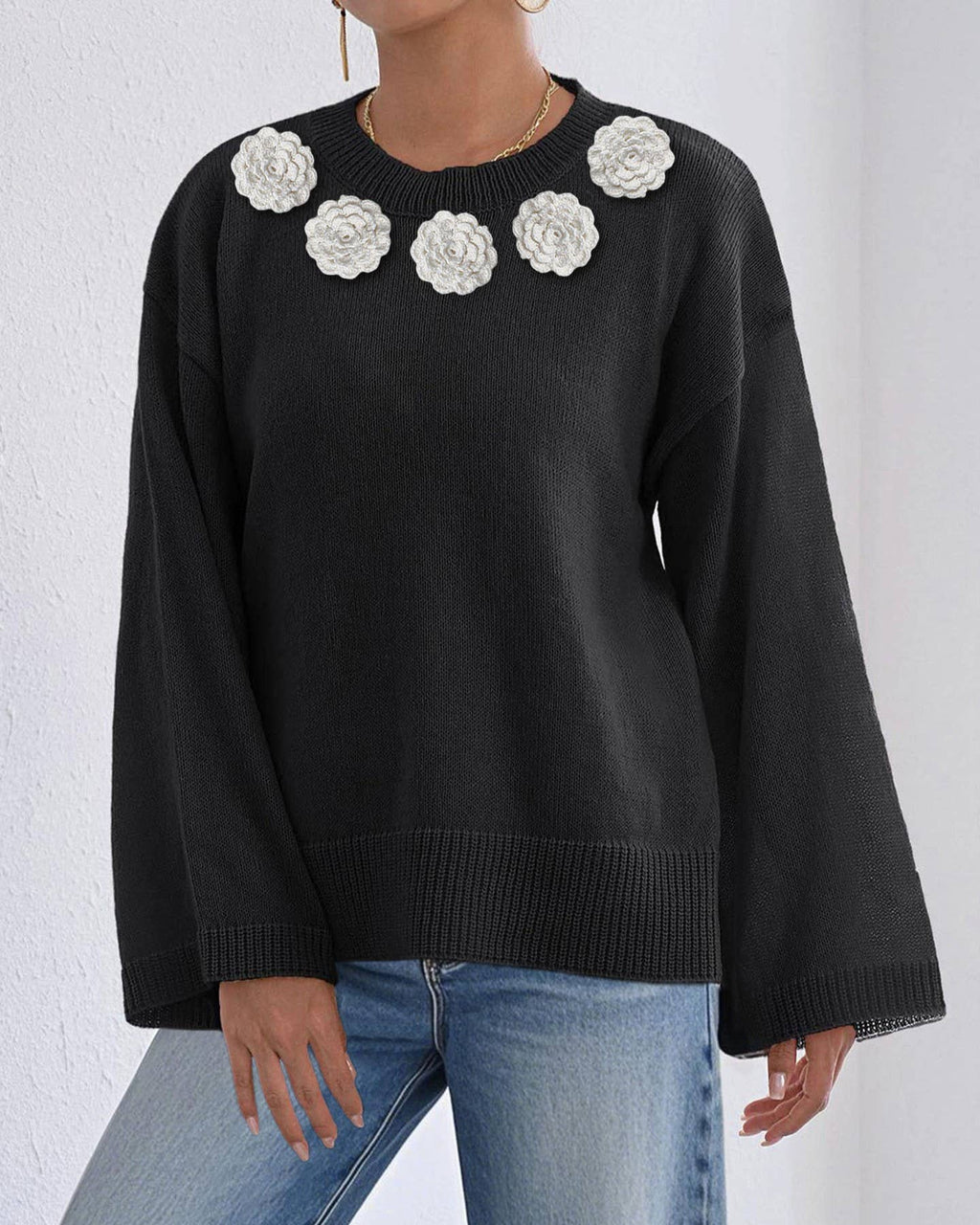 Crochet Flower Trim Neckline Knit Sweater