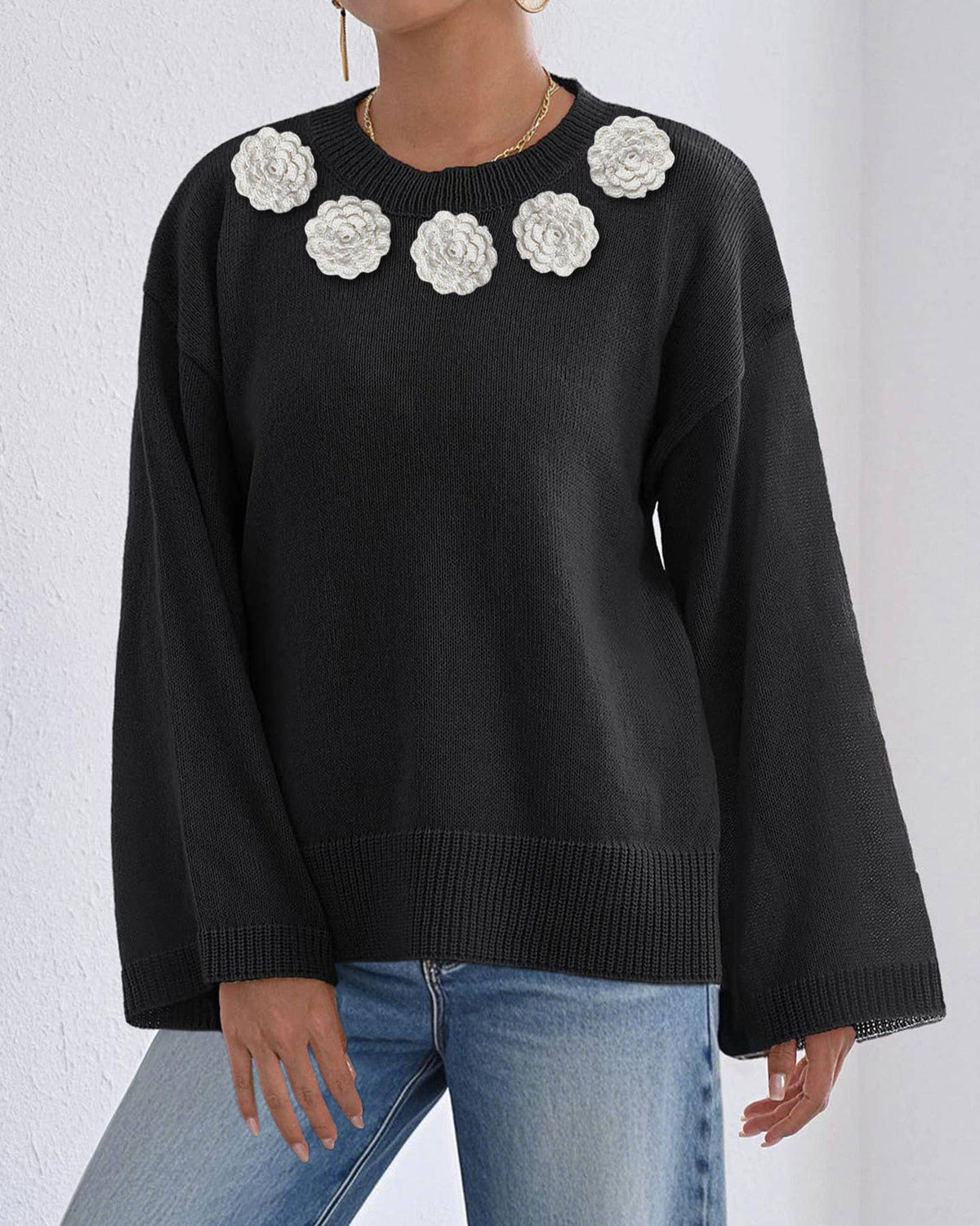 Crochet Flower Trim Neckline Knit Sweater