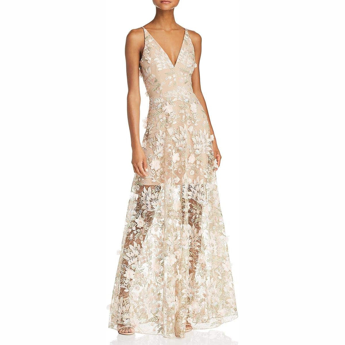 Floral Applique Sheer Mesh Maxi Dress - Apricot
