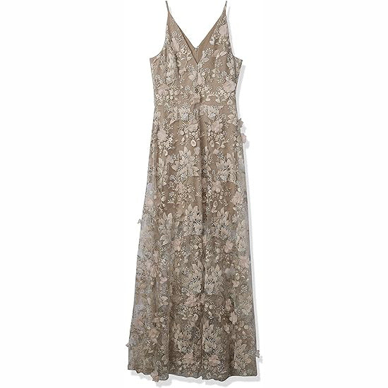 Floral Applique Sheer Mesh Maxi Dress - Khaki