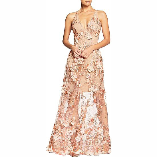 Floral Applique Sheer Mesh Maxi Dress - Pink