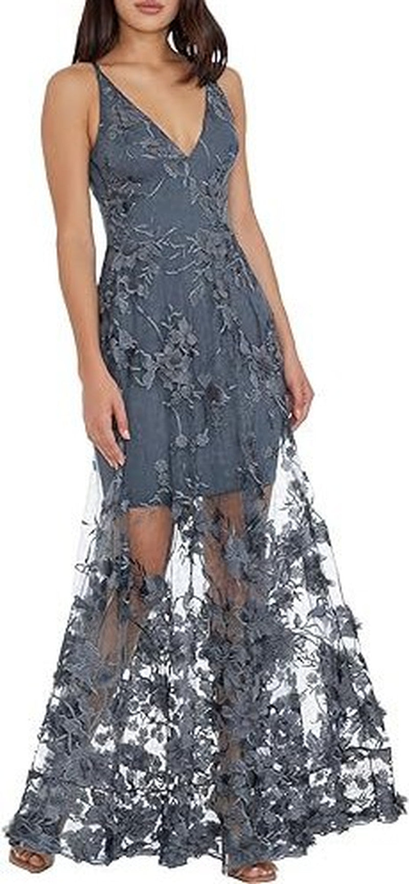 Floral Applique Sheer Mesh Maxi Dress - grey