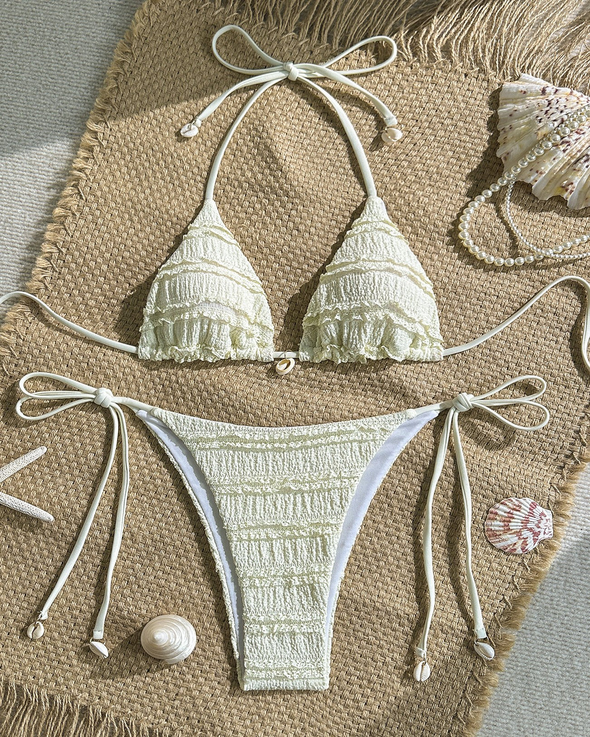 Ruffle Trim Smocked Triangle Bikini Set - Beige