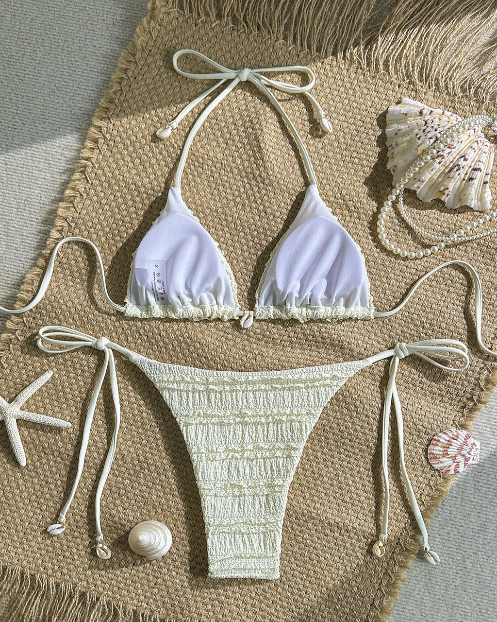 Ruffle Trim Smocked Triangle Bikini Set - Beige - 1