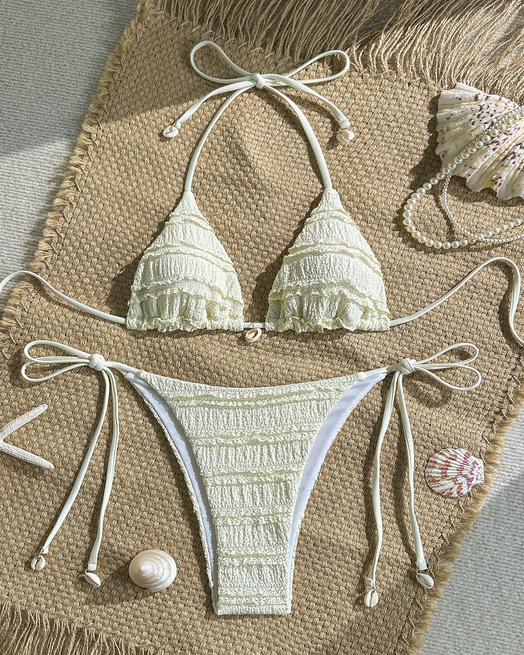 Ruffle Trim Smocked Triangle Bikini Set - Beige - 2