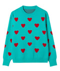 Heart Jacquard Crewneck Knit Pullover Sweater - Cyan