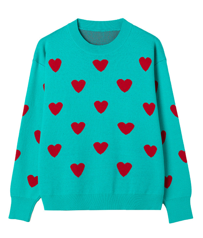 Heart Jacquard Crewneck Knit Pullover Sweater - Cyan