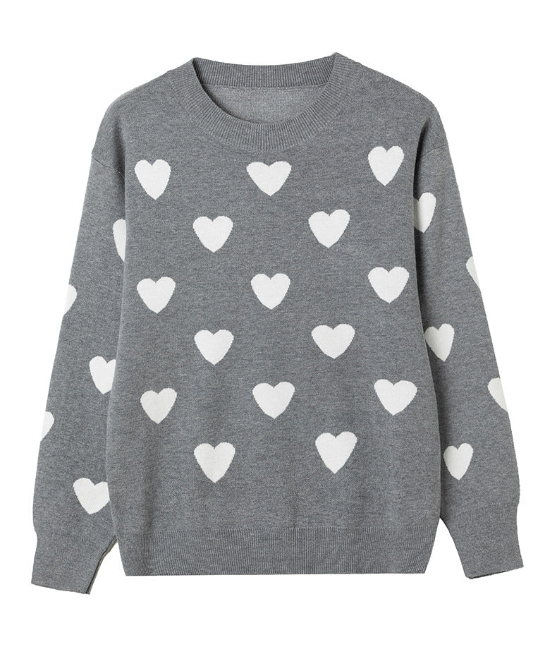 Heart Jacquard Crewneck Knit Pullover Sweater - Grey