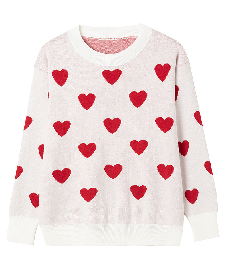 Heart Jacquard Crewneck Knit Pullover Sweater - Pink