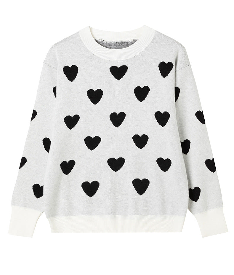 Heart Jacquard Crewneck Knit Pullover Sweater - White