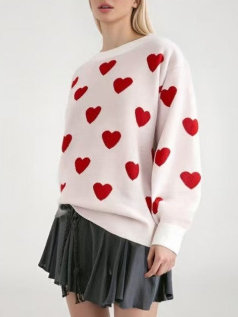 Heart Jacquard Crewneck Knit Pullover Sweater