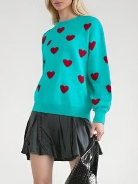 Heart Jacquard Crewneck Knit Pullover Sweater - view 3