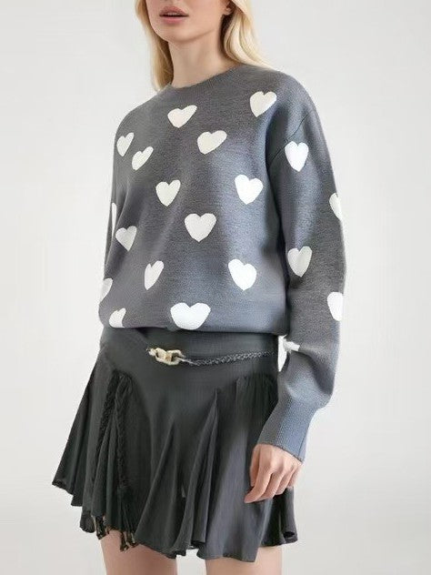 Heart Jacquard Crewneck Knit Pullover Sweater - view 5