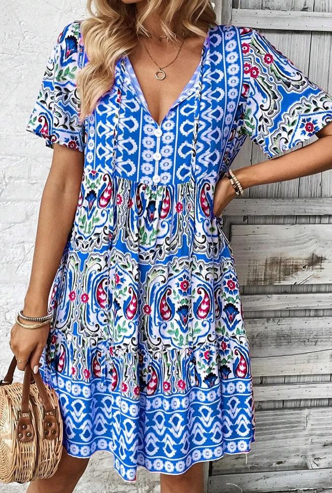Boho Print Tiered Puff Sleeve Mini Dress - C1