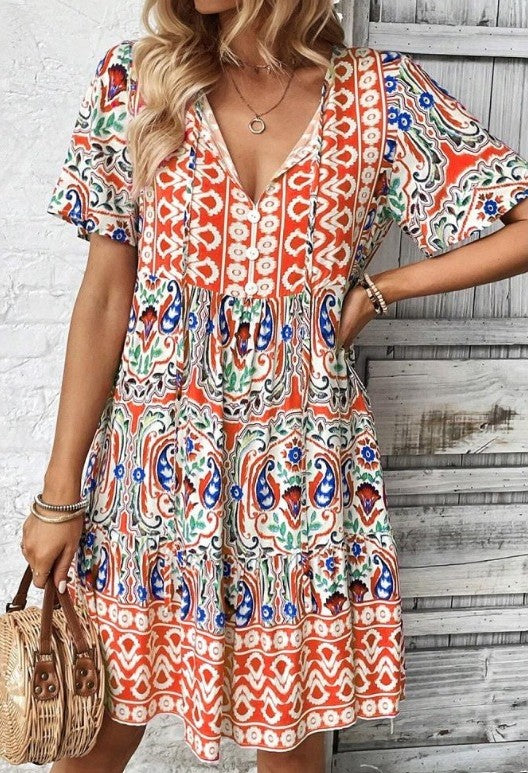 Boho Print Tiered Puff Sleeve Mini Dress - C2