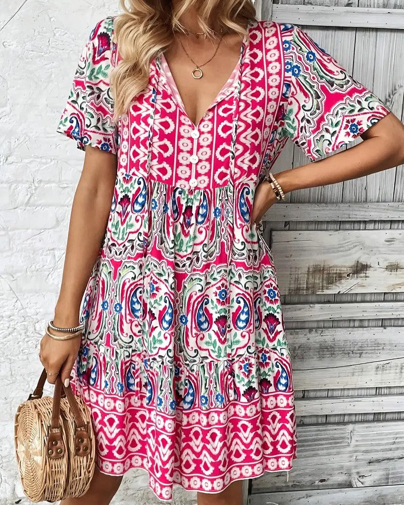 Boho Print Tiered Puff Sleeve Mini Dress - C3