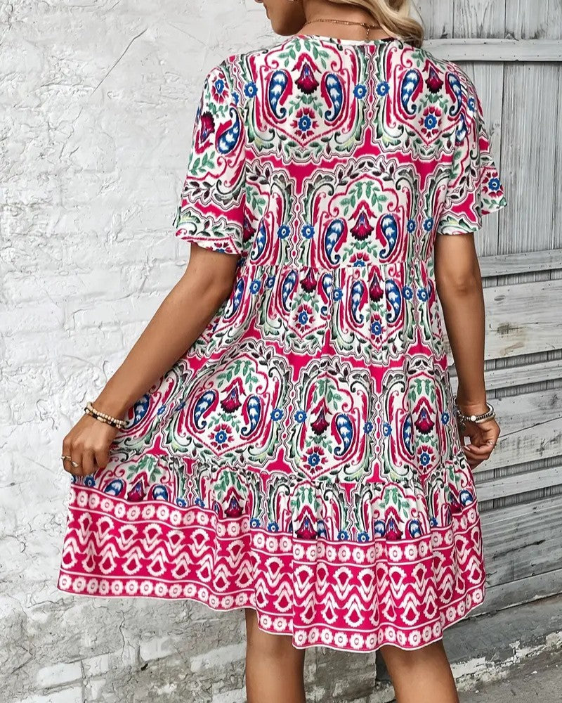 Boho Print Tiered Puff Sleeve Mini Dress - C3 - 1
