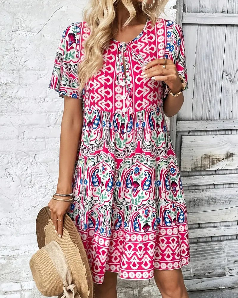 Boho Print Tiered Puff Sleeve Mini Dress - C3 - 2