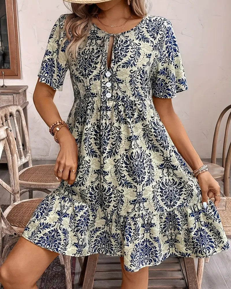 Boho Print Tiered Puff Sleeve Mini Dress - C4